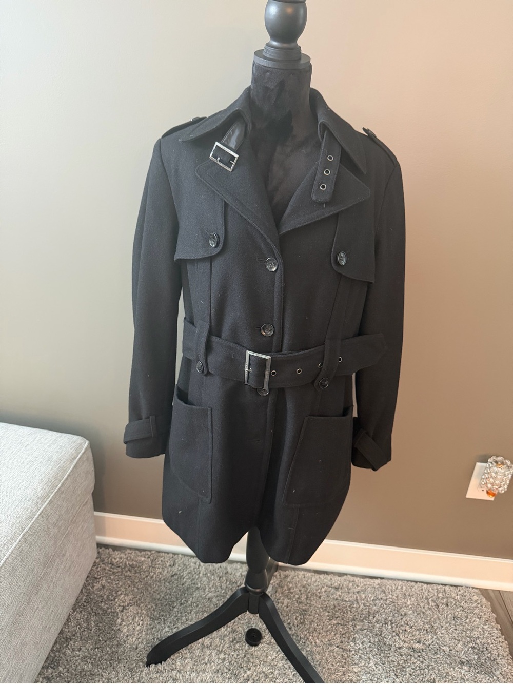 Calvin Klein Black Wool Belted Trench Coat